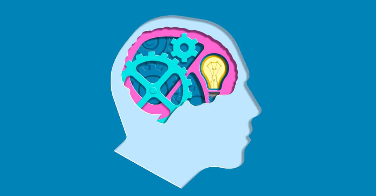 graphic of person's head thinking with gears and lightbulb